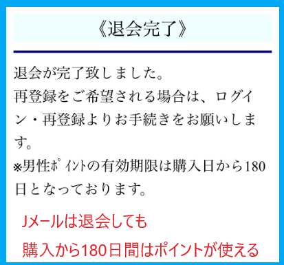 Jメールは退会しても購入してから180日間はポイントが残る